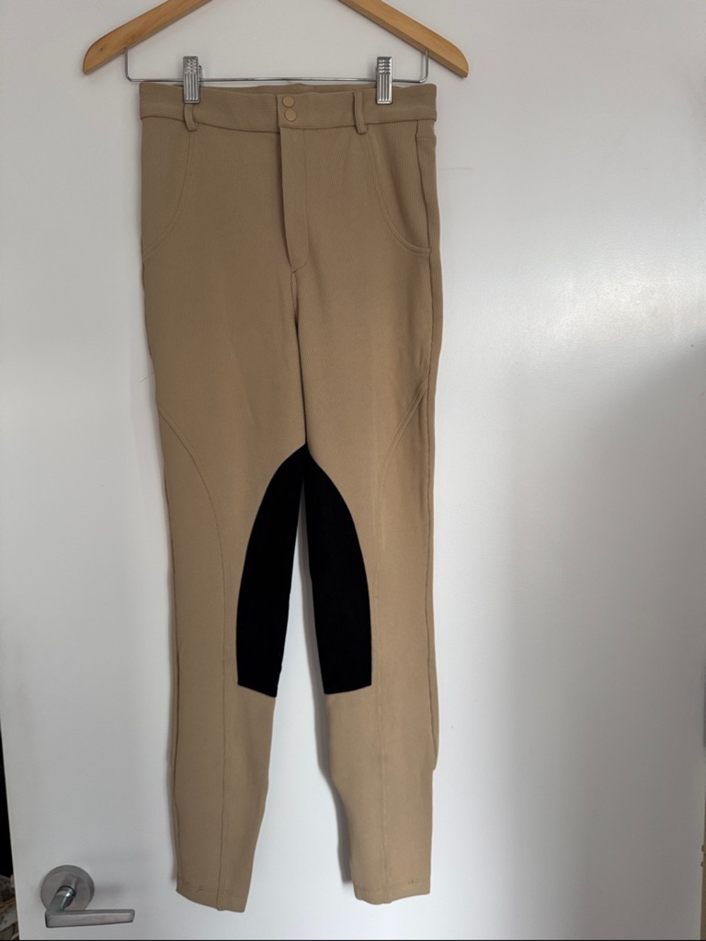 WeWoreWhat Tan Riding-Style Jumpsuit Pants with Black Knee Patch
